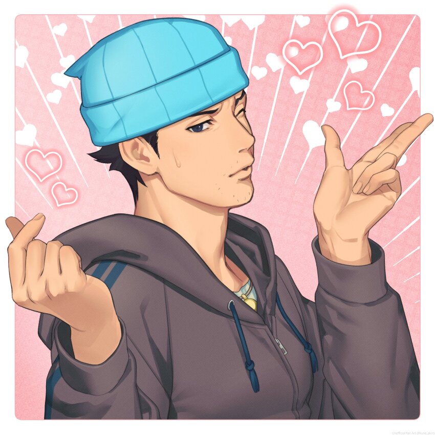 1boy ace_attorney apollo_justice:_ace_attorney beanie black_hair blue_eyes blue_hat border brown_hoodie commentary english_commentary finger_heart hat heart heart_background highres hood hood_down hoodie kune_akiro long_sleeves male_focus one_eye_closed parted_lips phoenix_wright pink_background short_hair solo upper_body white_border