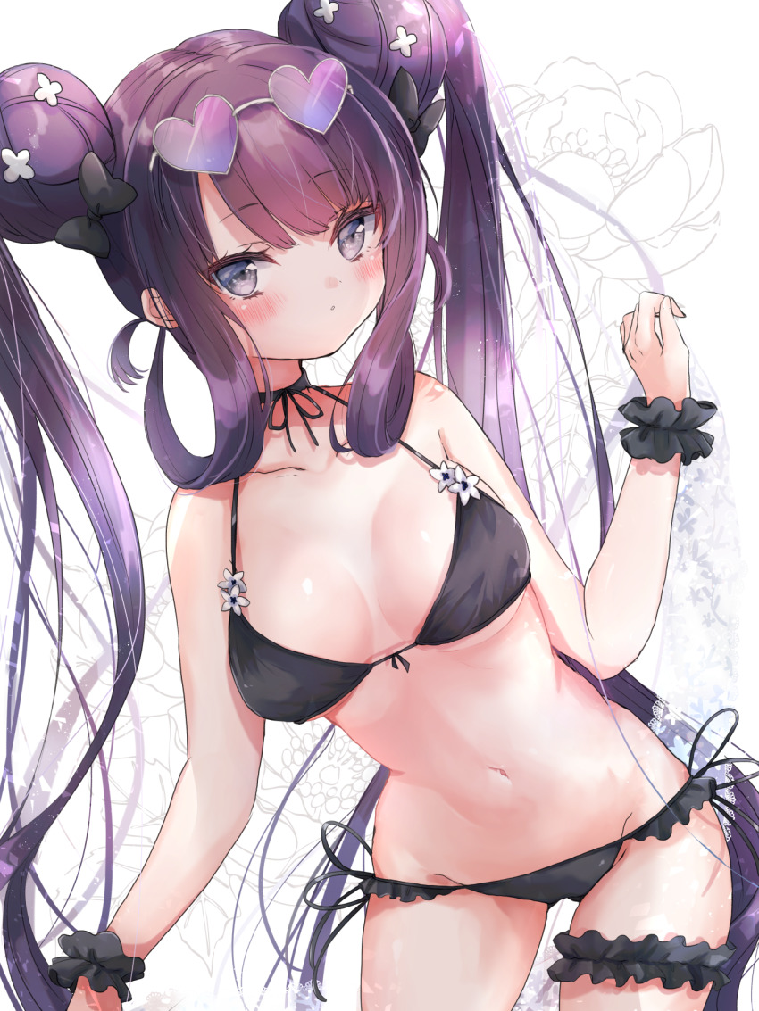 1girl bare_shoulders bikini black_bikini blush breasts cleavage collarbone double_bun eyewear_on_head fate/grand_order fate_(series) hair_bun halterneck heart heart-shaped_eyewear highres large_breasts long_hair looking_at_viewer navel purple_eyes purple_hair sidelocks string_bikini sunglasses swimsuit thighs touko_56 very_long_hair yang_guifei_(fate) yang_guifei_(honey_lake)_(fate)