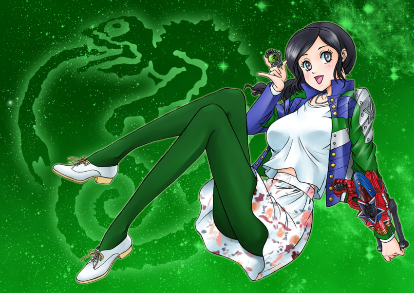 1girl black_hair green_wallpaper hammie_(uchuu_sentai_kyuuranger) iwa outer_space super_sentai uchuu_sentai_kyuuranger