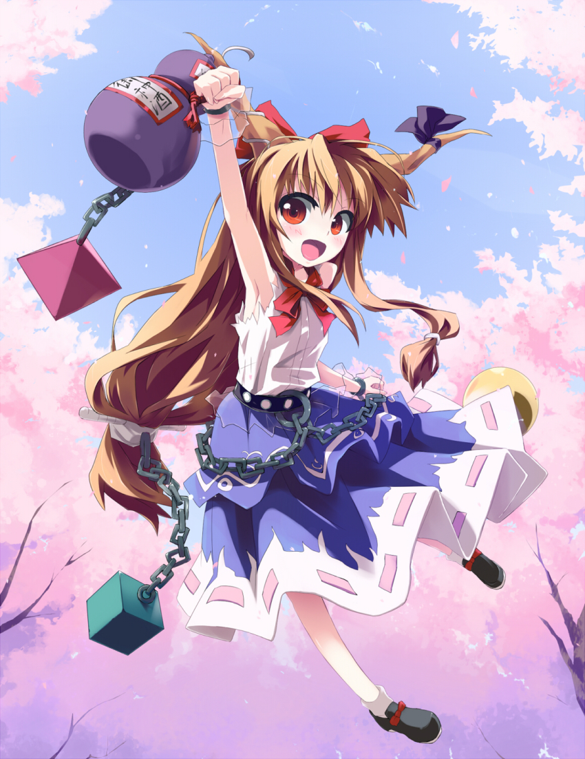 1girl :d arm_up armpits blonde_hair bow chain cherry_blossoms female_focus gourd grune hair_bow highres horns ibuki_suika jumping long_hair open_mouth orange_eyes outstretched_arm red_eyes smile solo touhou