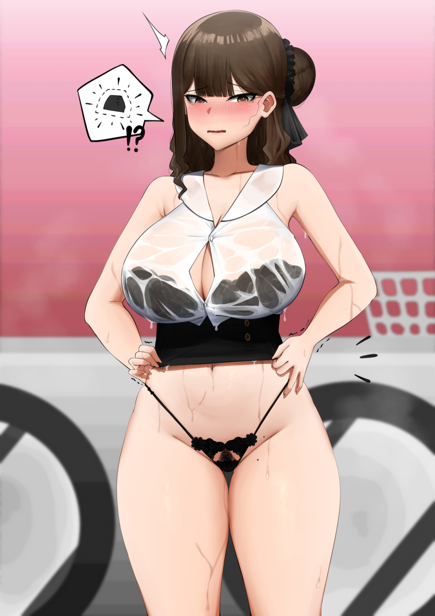 !? 1girl bare_arms bare_shoulders basket black_bra black_panties black_skirt blush bra bra_visible_through_clothes brown_eyes brown_hair cow embarrassed female_pubic_hair groin hair_bun high-waist_skirt highres long_hair mivioppai mole mole_on_thigh motion_lines navel nose_blush panties parted_lips pubic_hair see-through_clothes shirt single_hair_bun single_side_bun skirt sleeveless sleeveless_shirt solo speech_bubble spoken_object standing steam thigh_strap trembling undersized_clothes underwear washing_machine wavy_hair wet wet_clothes wet_shirt white_shirt