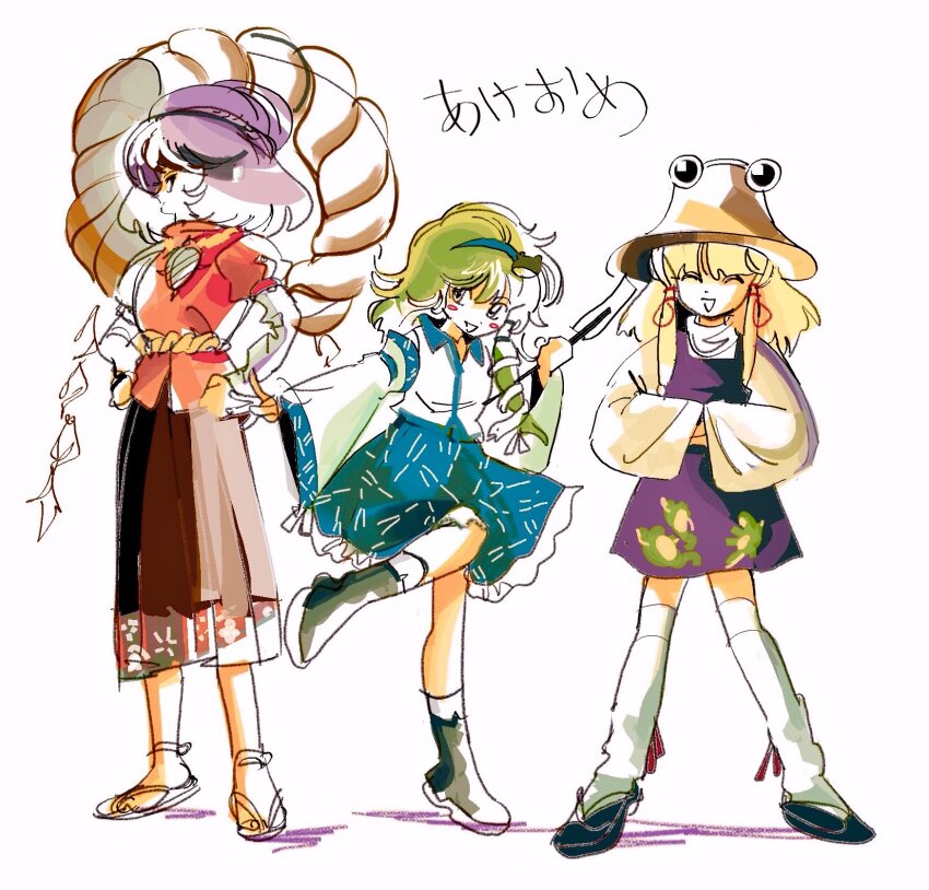 3girls 6osquet blonde_hair blue_hairband blue_skirt brown_hat brown_skirt collared_shirt green_eyes green_hair hairband hat highres kochiya_sanae long_sleeves moriya_suwako multiple_girls purple_hair purple_skirt purple_vest red_shirt shirt sketch skirt stadium touhou vest white_shirt wide_sleeves yasaka_kanako