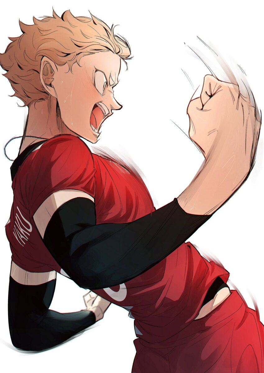 1boy absurdres arms_up black_sleeves blonde_hair character_name clenched_hand commentary compression_sleeve cowboy_shot dutch_angle furrowed_brow haikyuu!! highres male_focus motion_blur nekoma_volleyball_uniform open_mouth outstretched_arms red_shirt red_shorts shirt short_hair shorts shouting simple_background solo sportswear teeth tongue volleyball_uniform wa_gamc white_background yaku_morisuke yellow_eyes