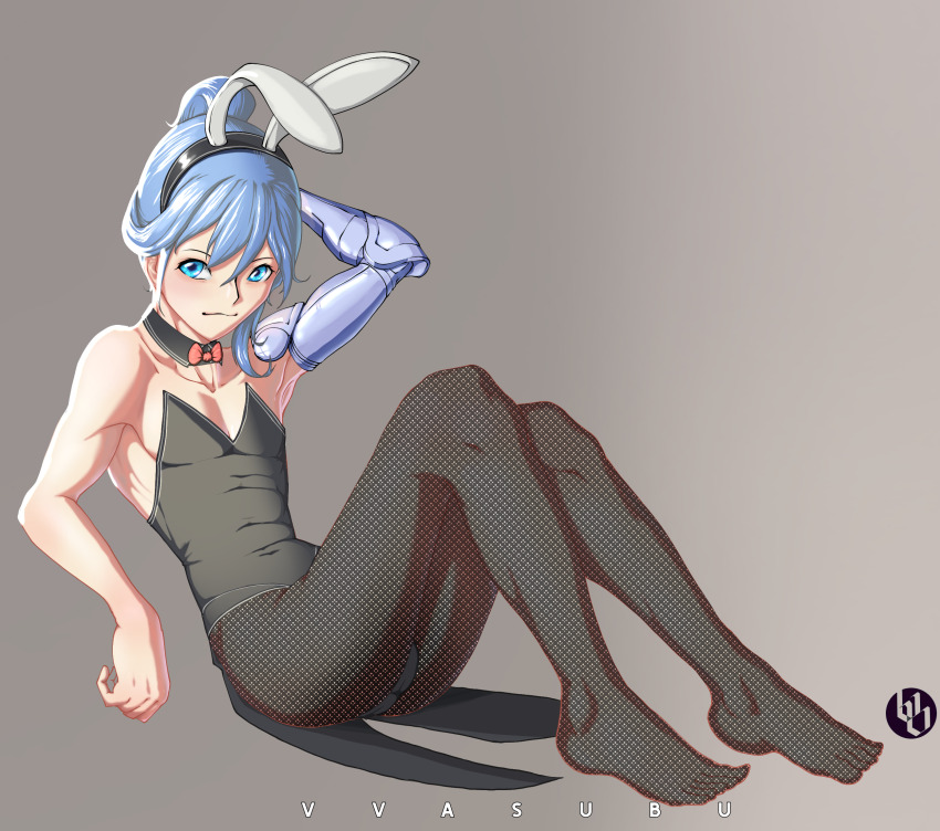 1boy bishounen highres male_focus male_playboy_bunny prosthesis prosthetic_arm prosthetic_hand sitting trap vvasubu