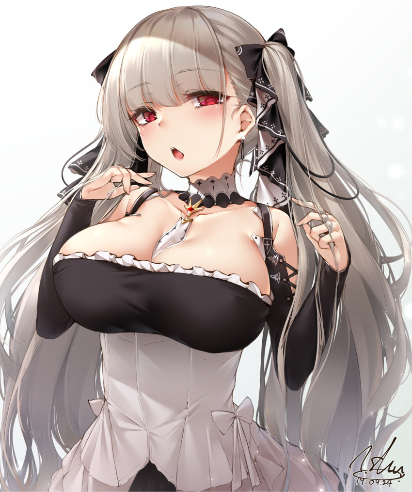 1girl azur_lane bare_shoulders between_breasts black_dress blush breasts cleavage commentary_request cowboy_shot dated dress earrings formidable_(azur_lane) frilled_dress frills grey_hair hair_ribbon hands_up highres jewelry large_breasts long_hair long_sleeves looking_at_viewer red_eyes ribbon signature solo toyosaki_shu twintails two-tone_dress very_long_hair