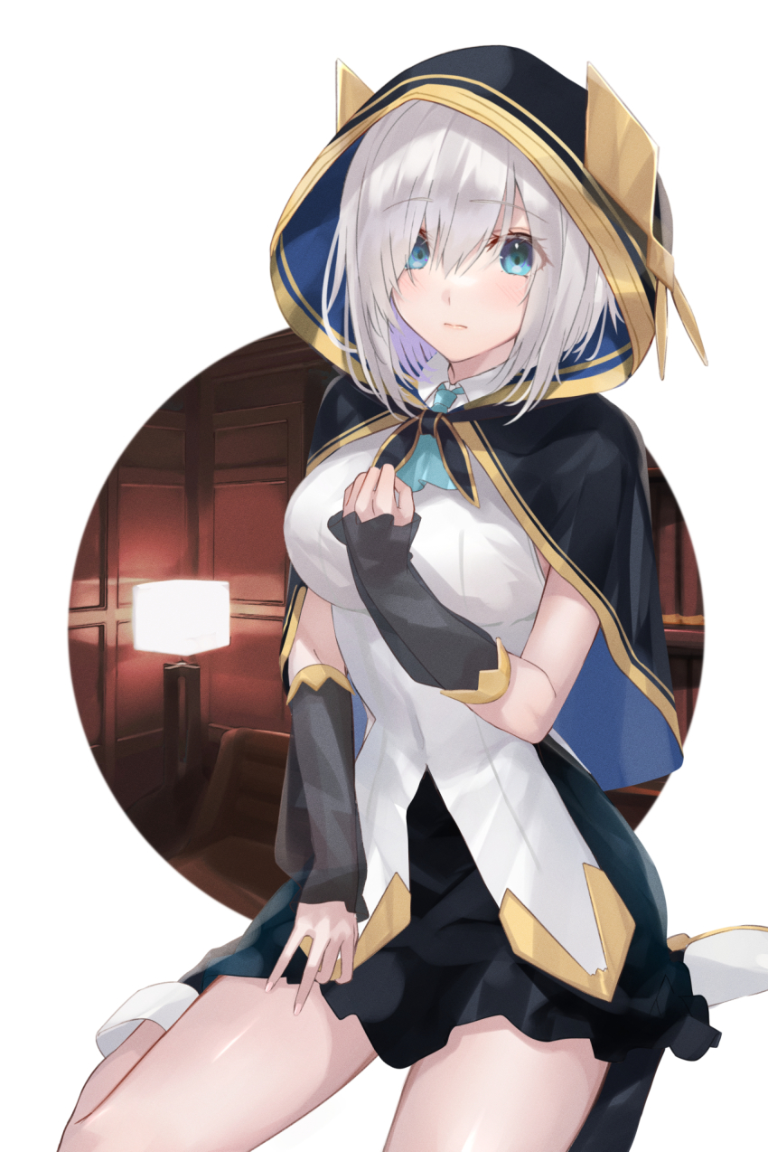 1girl ars_almal ascot bad_id bad_pixiv_id black_capelet black_skirt blue_ascot blue_eyes blush breasts capelet closed_mouth collared_dress commentary couch detached_sleeves dress eyelashes full_body hair_between_eyes hand_on_own_chest highres hood hood_up hooded_capelet lamp large_breasts lips looking_at_viewer mexif miniskirt nijisanji see-through_clothes see-through_sleeves short_dress short_hair silver_hair sitting skirt solo thighs virtual_youtuber wariza white_dress wing_collar