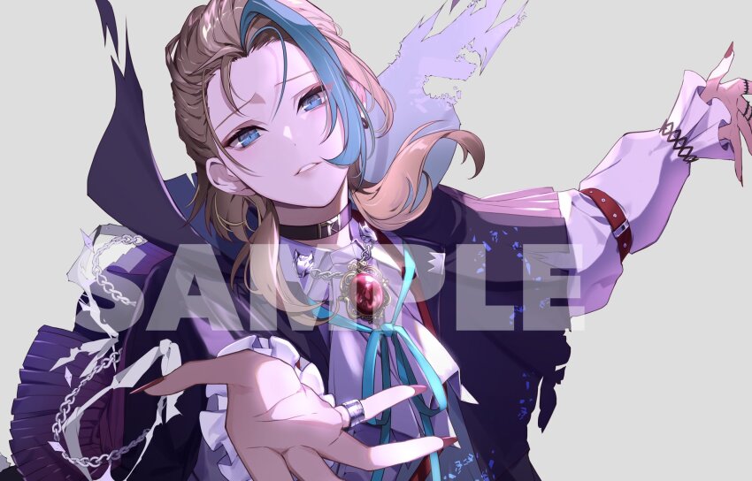 1other androgynous aqua_ribbon ascot beckoning black_choker blue_eyes blue_hair brooch brown_hair cape chain choker collar_chain_(jewelry) collared_shirt earrings eyeshadow fingernails frilled_sleeves frills gem grey_background hair_behind_ear hair_slicked_back head_tilt highres indie_virtual_youtuber itsuki_tsukasa jewelry long_sleeves looking_at_viewer luka_ooooo makeup medium_hair multicolored_hair multiple_rings nail_polish official_art other_focus parted_lips pink_eyeshadow pinky_ring purple_cape red_gemstone red_nails ribbon ring sample_watermark sharp_fingernails shirt simple_background single_earring single_sidelock sleeve_garter solo streaked_hair turtleneck upper_body vampire_costume virtual_youtuber watermark white_ascot white_shirt