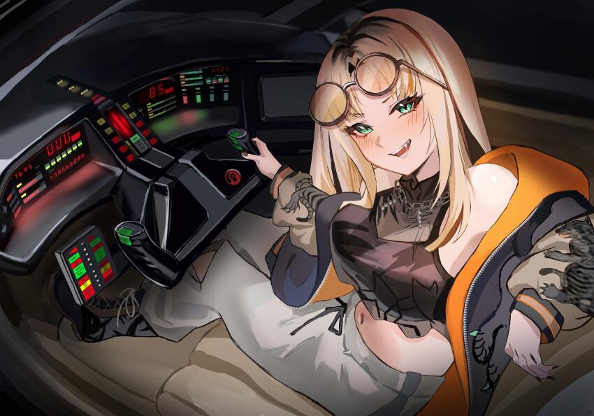 1girl absurdres animal_print black_hair black_jacket black_nails black_tank_top blonde_hair blue_eyes blush highres hololive hololive_dev_is jacket k.i.t.t knight_rider koganei_niko looking_at_viewer nail_polish open_mouth orange_jacket pants smile solo tank_top tiger_print two-sided_fabric two-sided_jacket virtual_youtuber white_pants yato_(yama0x1)