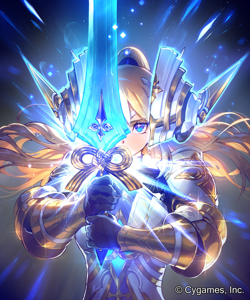 1girl armor blonde_hair blue_eyes breasts commentary_request company_name floating_headgear headgear headpiece high_ponytail highres holding holding_sword holding_weapon holy_saber_(shadowverse) knight light_particles light_rays long_hair looking_at_viewer magic official_art okada_manabi one_eye_covered ponytail shadowverse shoulder_armor standing star-shaped_pupils star_(symbol) sword symbol-shaped_pupils upper_body weapon