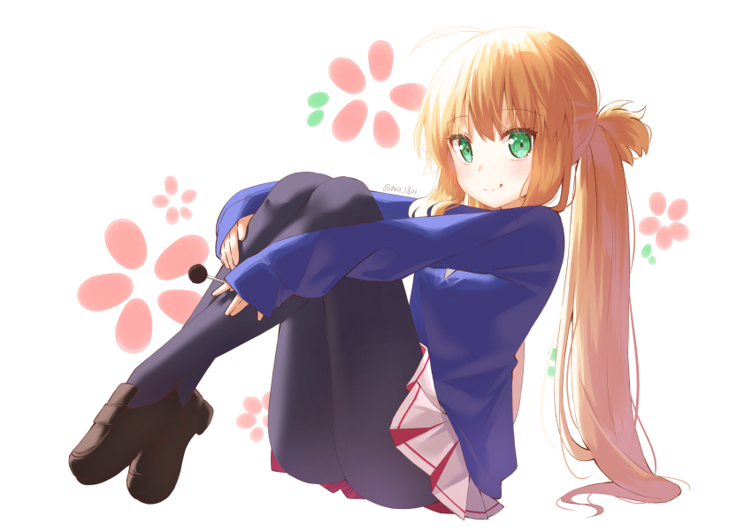 1girl absurdres ahoge alternate_costume aro_1801 artoria_caster_(fate) artoria_pendragon_(fate) black_footwear black_pantyhose blonde_hair blue_cardigan blush candy cardigan closed_mouth fate/grand_order fate_(series) floral_background food green_eyes hair_between_eyes highres holding holding_candy holding_food holding_lollipop knees_to_chest loafers lollipop long_hair long_sleeves looking_at_viewer miniskirt mixed-language_commentary pantyhose pleated_skirt red_skirt shoes sidelocks sitting skirt sleeves_past_wrists smile solo tongue tongue_out twintails twitter_username two-tone_skirt very_long_hair white_skirt