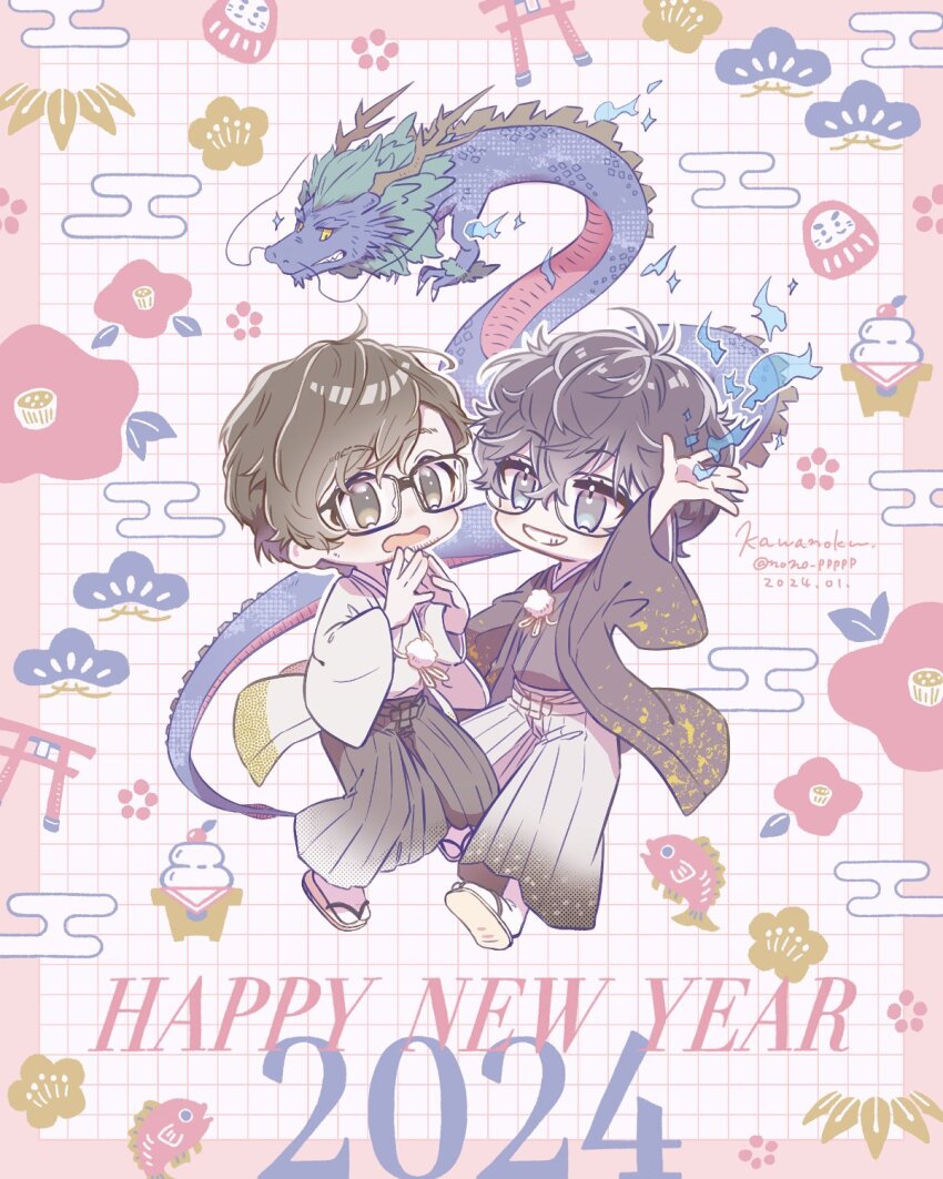 2boys amamiya_ren arm_up black_hair black_kimono blue_fire brown_eyes brown_hair chinese_zodiac commentary_request dated deformed fire full_body grey_eyes hair_between_eyes hakama hakama_pants hands_up hanten_(clothes) happy_new_year highres japanese_clothes kimono male_focus maruki_takuto multiple_boys new_year nono_ppppp open_mouth pants persona persona_5 persona_5_the_royal sandals short_hair signature smile teeth twitter_username white_kimono year_of_the_dragon zouri