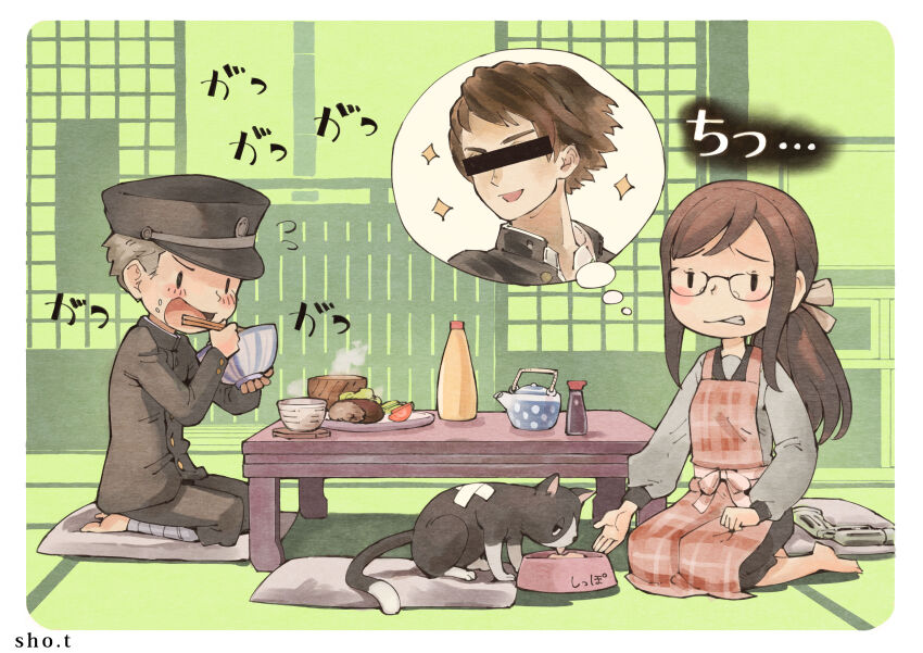 1boy 1girl absurdres apron black_cat bowl brown_hair cat chibi chopsticks eating food gakuran glasses hamburger_steak hat highres holding holding_chopsticks juusan_kihei_bouei_ken kurabe_juurou military_hat miura_keitarou pet_food plaid_apron plaid_clothes plate ponytail ribbon school_uniform serafuku sho.t table translated white_ribbon yakushiji_megumi