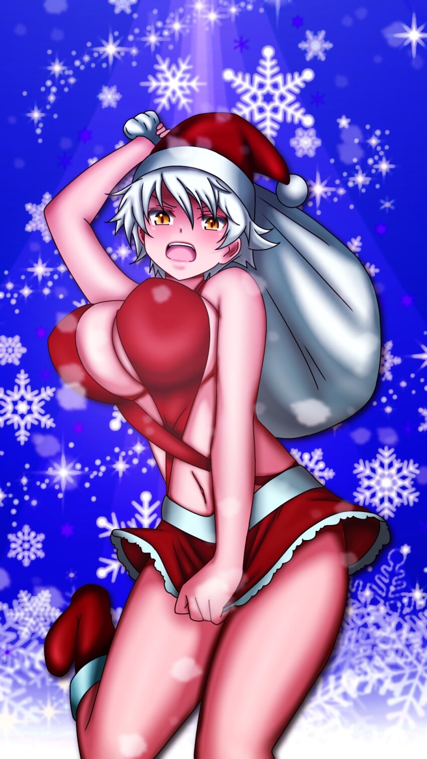 1girl breasts christmas cleavage hat large_breasts miyabi_(senran_kagura) navel santa_hat senran_kagura solo white_hair yellow_eyes