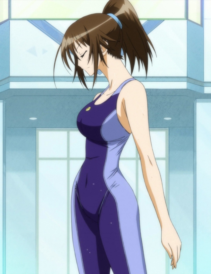 breasts brown_hair competition_swimsuit highres kikaijima_mogana medaka_box one-piece_swimsuit ponytail skin_tight swimsuit