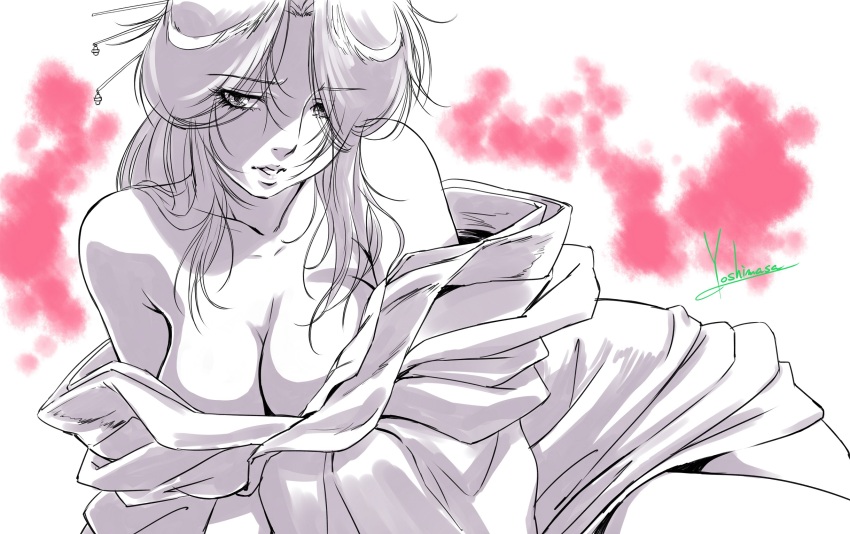 1girl bare_shoulders basilisk_(manga) breasts cleavage commentary greyscale_with_colored_background hair_ornament hair_over_one_eye hair_stick hashtag-only_commentary highres kagerou_(basilisk) large_breasts loose_clothes pink_background signature sitting solo yokozuwari yoshinaga_masahiro