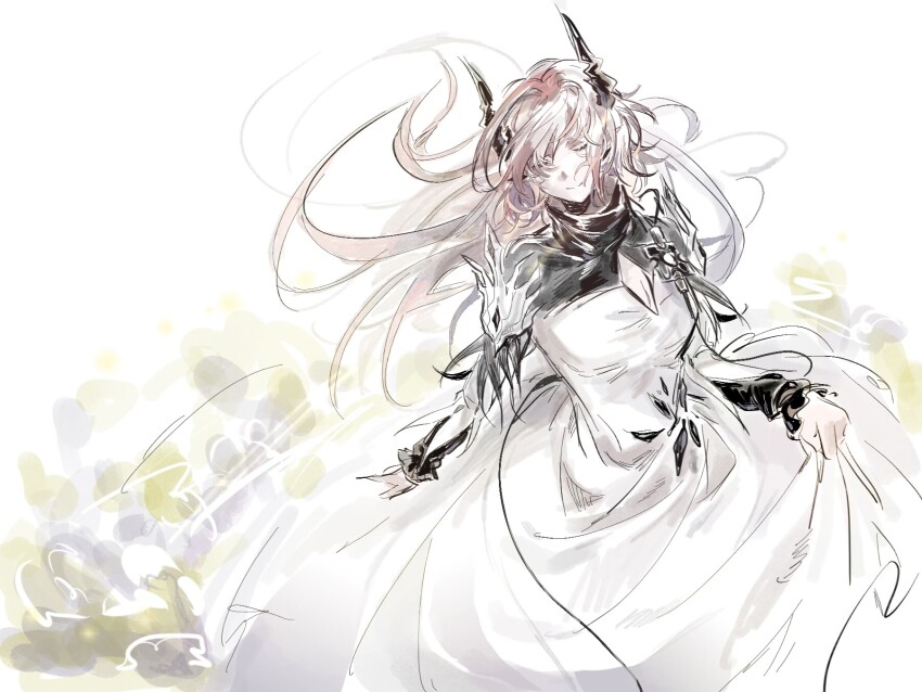 1girl arknights closed_eyes closed_mouth dress floating_hair full_body highres horns long_hair long_sleeves pink_hair simple_background skirt_hold smile solo theresa_(arknights) very_long_hair white_background white_dress wrong5166