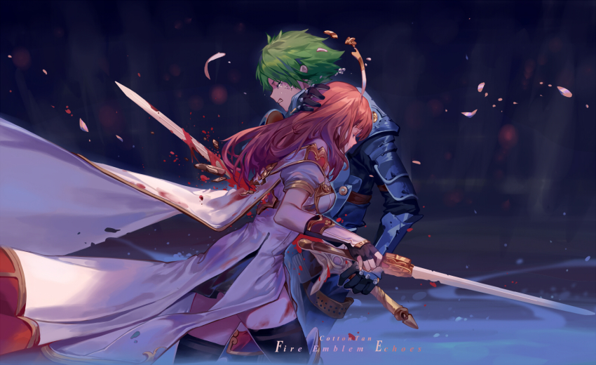 1boy 1girl alm_(fire_emblem) armor artist_name blood blood_on_clothes blood_on_face cape celica_(fire_emblem) closed_eyes cottan fingerless_gloves fire_emblem fire_emblem_echoes:_shadows_of_valentia gauntlets gloves green_hair hand_on_another&#039;s_head headband highres holding holding_sword holding_weapon impaled injury long_hair nintendo red_hair shoulder_armor spoilers stab sword tears tiara weapon