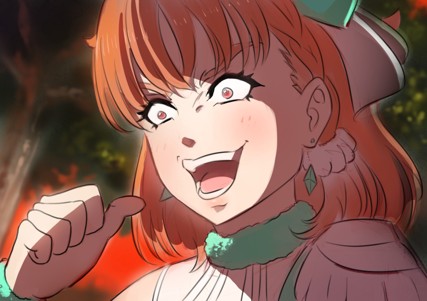 1girl awaken_the_power braid cubehero earrings female_focus jewelry jojo_no_kimyou_na_bouken kono_dio_da_(meme) love_live! love_live!_sunshine!! meme orange_hair parody pointing pointing_at_self red_eyes short_hair side_braid solo takami_chika thumbs_up too_bad!_it_was_just_me!_(meme)