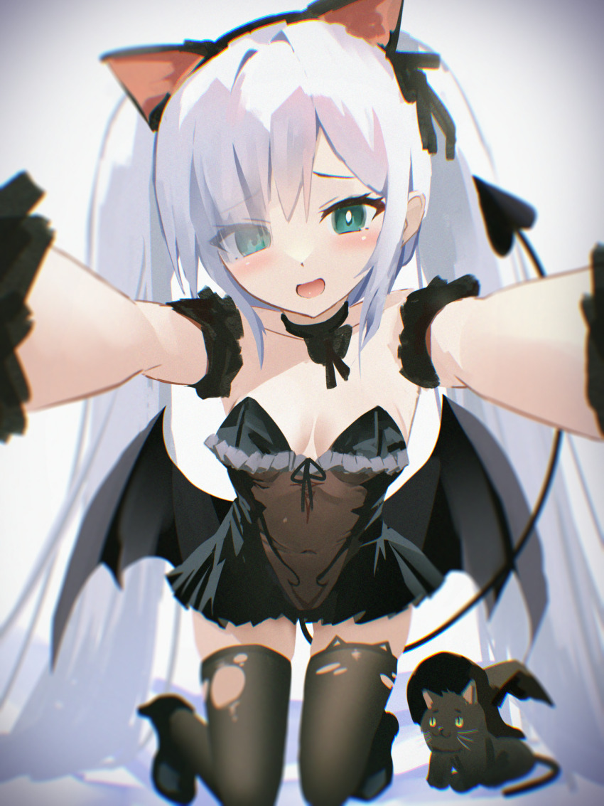 1girl animal_ears azur_lane black_cat black_dress black_footwear black_hat black_thighhighs blue_hair blush breasts cat cat_ears covered_navel danraz0r demon_tail demon_wings dress eyes_visible_through_hair fake_animal_ears frilled_dress frills green_eyes hair_over_one_eye halloween_costume hat heart heart_tail highres janus_(azur_lane) janus_(fright-night_scaredy-cat)_(azur_lane) long_hair official_alternate_costume open_mouth reaching reaching_towards_viewer see-through_clothes see-through_dress small_breasts smile solo tail thighhighs torn_clothes torn_thighhighs twintails very_long_hair wings witch_hat