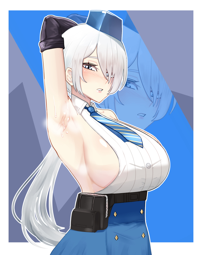 1girl absurdres aji_(p391) arm_up armpits bare_shoulders belt belt_pouch black_belt blue_eyes blue_headwear blue_necktie blue_skirt blush border breasts brid_(nikke) bridal_gauntlets collarbone collared_shirt commentary goddess_of_victory:_nikke grey_hair hair_between_eyes high-waist_skirt highres large_breasts long_hair looking_at_viewer low_ponytail necktie parted_lips pouch shirt sideboob sidelocks skirt sleeveless sleeveless_shirt solo standing striped_necktie sweat underbust upper_body white_border white_shirt zoom_layer