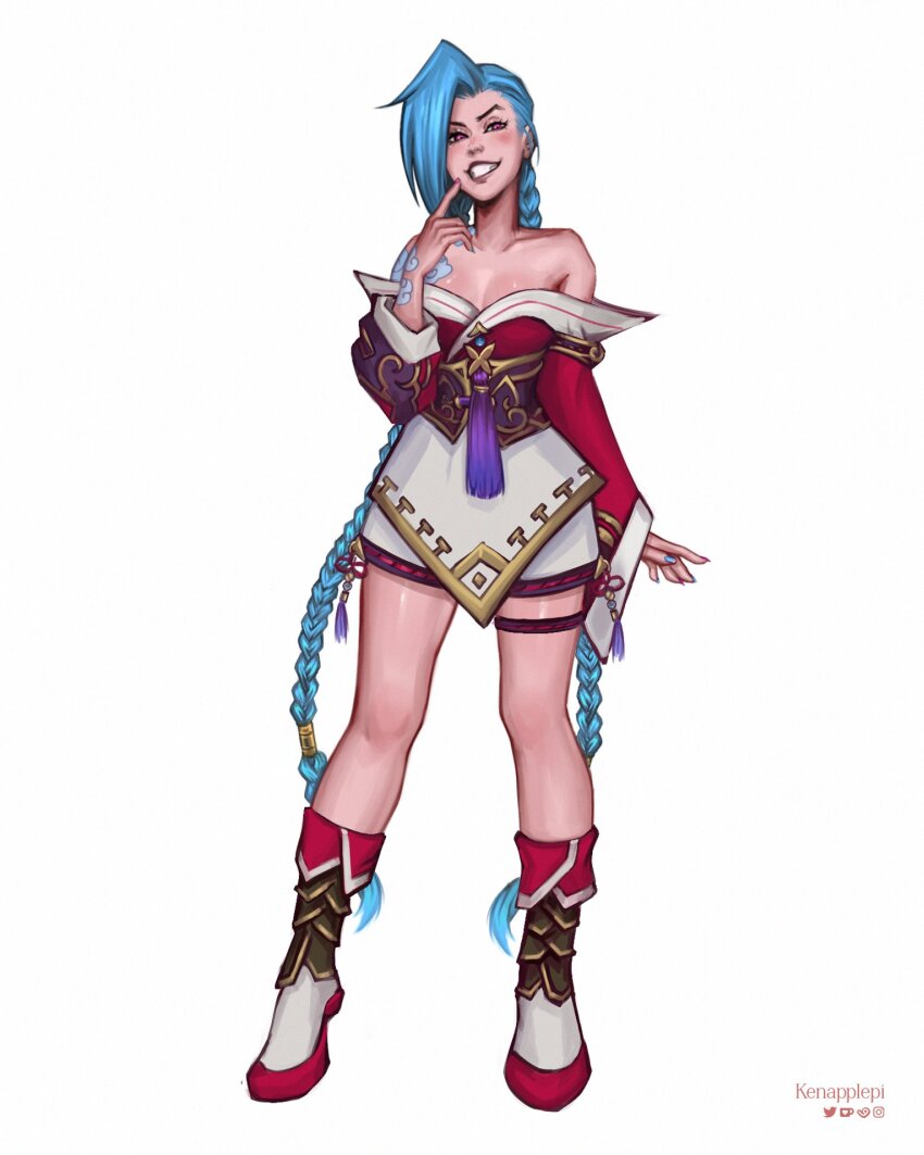 1girl ahri_(league_of_legends) ahri_(league_of_legends)_(cosplay) arm_tattoo artist_name bare_shoulders blush boots braid breasts collarbone cosplay green_hair grin half-closed_eyes highres jinx_(league_of_legends) kenapplepi league_of_legends long_hair long_sleeves medium_breasts nail_polish pink_nails shiny_skin shoulder_tattoo smile solo tattoo teeth twin_braids twintails very_long_hair