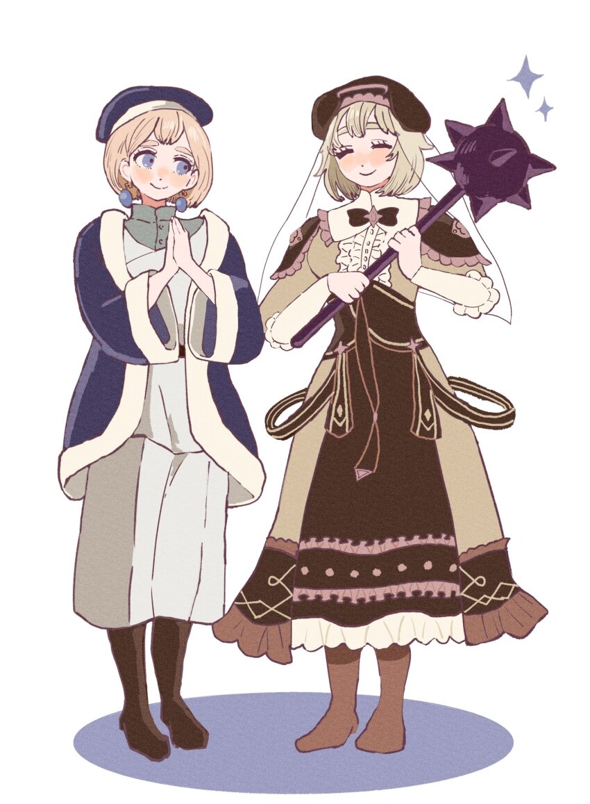 2girls ^_^ beret black_footwear black_hat blonde_hair blue_eyes blue_hat blue_robe boots brown_footwear character_request chimney_(chimney0311) closed_eyes cosplay dress dungeon_meshi earrings falin_touden fire_emblem fire_emblem:_three_houses hands_up hat highres holding holding_mace holding_weapon jewelry long_sleeves mace mercedes_von_martritz mercedes_von_martritz_(cosplay) multiple_girls nintendo open_clothes open_robe own_hands_together pants robe shirt short_hair simple_background spiked_mace spikes veil weapon white_background white_pants white_shirt wide_sleeves