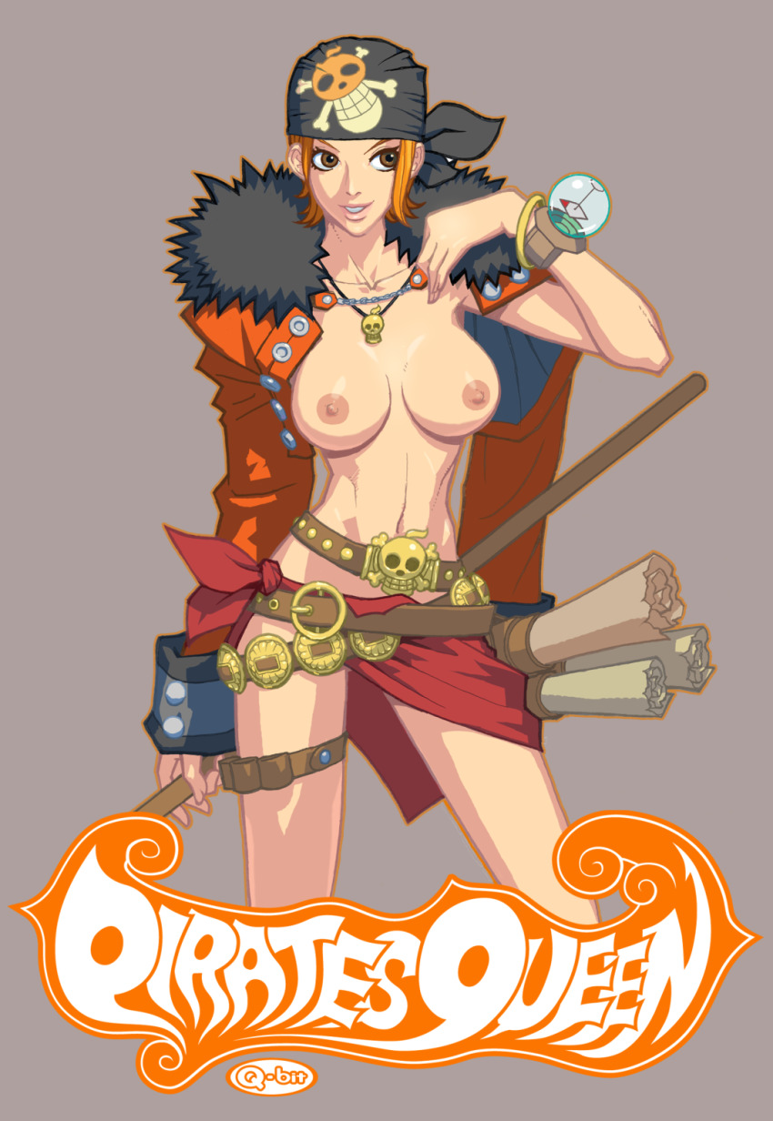 1girl bandana belt breasts brown_eyes cropped_jacket english_text female_focus fur_trim highres jewelry nami_(one_piece) navel necklace nipples one_piece orange_hair pirate q-bit sarong short_hair solo