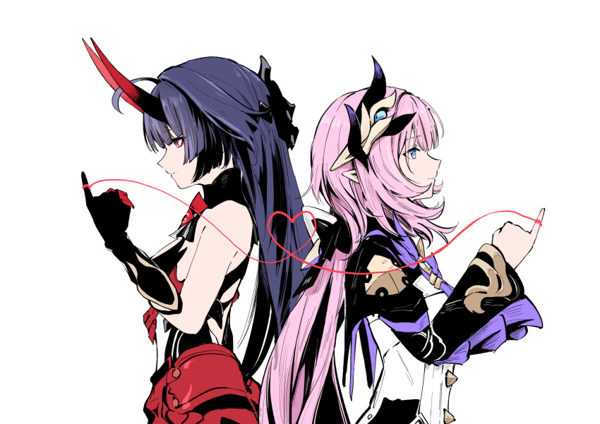 2girls absurdres black_gloves blue_eyes breasts elf elysia_(honkai_impact) elysia_(miss_pink_elf)_(honkai_impact) gloves hair_between_eyes hair_ornament heart heart_of_string highres honkai_(series) honkai_impact_3rd horns long_hair long_sleeves multiple_girls pink_hair pink_pupils pinky_out pointy_ears purple_eyes purple_hair raiden_mei raiden_mei_(herrscher_of_thunder) red_pupils sen_jin_chen sleeveless string string_of_fate white_background