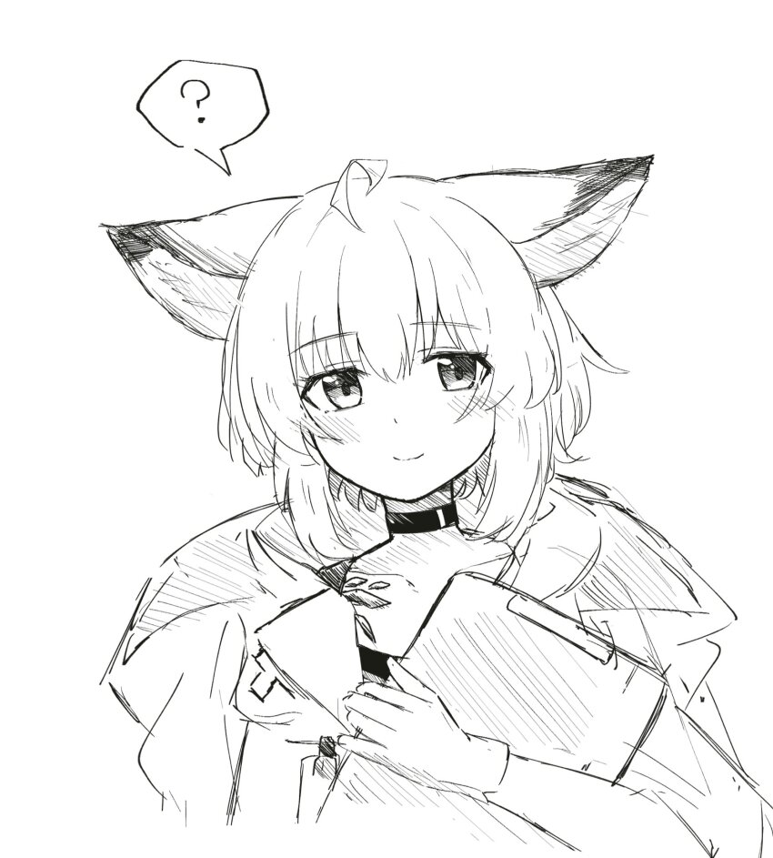 1girl ? ahoge animal_ears arknights choker clipboard closed_mouth commentary_request cropped_torso gloves greyscale hatching_(texture) highres holding holding_clipboard linear_hatching looking_at_viewer material_growth mohu_animal monochrome oripathy_lesion_(arknights) simple_background sketch smile solo spoken_question_mark sussurro_(arknights) white_background