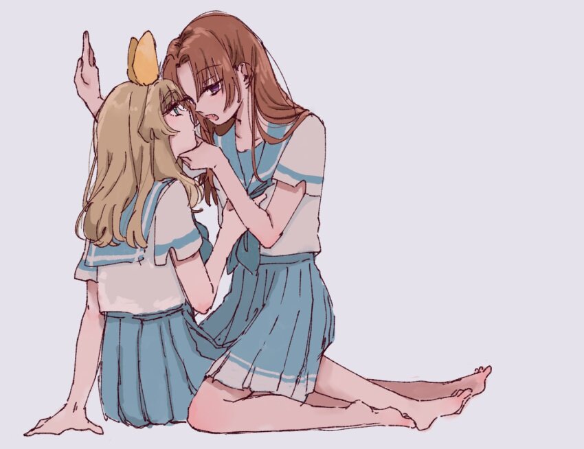 2girls barefoot between_legs blonde_hair blue_eyes blue_neckerchief blue_skirt brown_hair clothes_grab fang grabbing_another&#039;s_chin hair_ribbon hand_on_another&#039;s_chin hand_on_floor hand_on_wall hibike!_euphonium imminent_kiss kitauji_high_school_uniform kneeling long_hair multiple_girls nakagawa_natsuki neckerchief neckerchief_grab on_floor purple_eyes ribbon sailor_collar school_uniform skirt summer_uniform tan_tttn yoshikawa_yuuko yuri