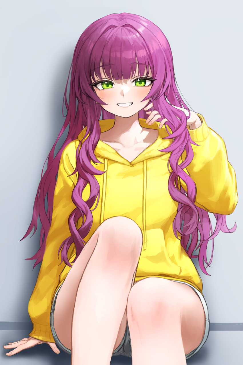 1girl absurdres artist_request bare_legs collarbone commentary_request drawstring green_eyes grey_shorts grin hand_up highres hood hood_down hoodie knee_up korean_commentary long_hair long_sleeves looking_at_viewer original purple_hair second-party_source short_shorts shorts sitting smile solo wavy_hair white_background yellow_hoodie