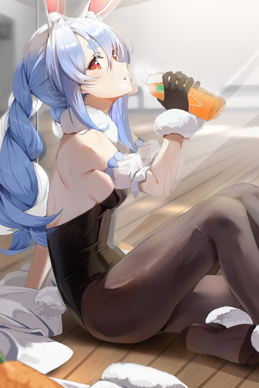 1girl absurdres animal_ears bare_shoulders black_gloves black_pantyhose blue_hair bottle braid breasts carrot_juice cleavage fur-trimmed_gloves fur_trim gloves hair_between_eyes highres holding holding_bottle hololive juice kirari_(kira_rin9) leotard long_hair looking_at_viewer medium_breasts multicolored_hair pantyhose playboy_bunny rabbit_ears rabbit_girl rabbit_tail red_eyes solo sweat tail thick_eyebrows two-tone_hair usada_pekora usada_pekora_(1st_costume) virtual_youtuber white_hair