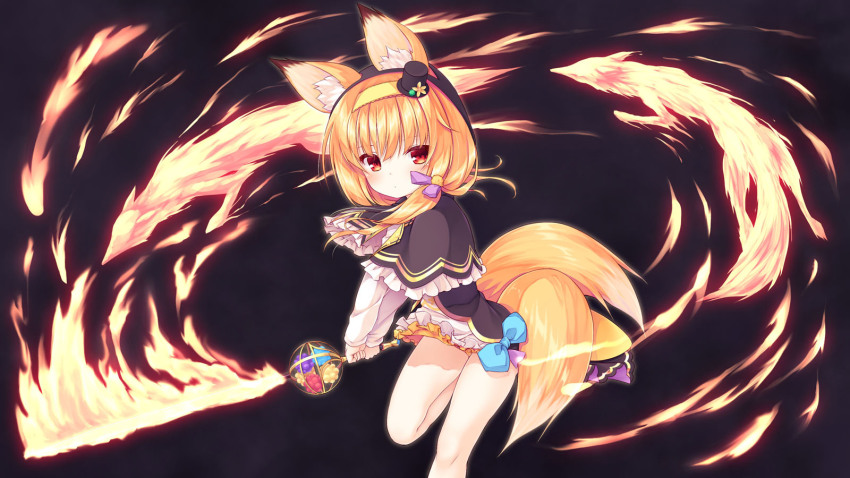 1girl animal_ear_fluff animal_ears black_background black_capelet black_headwear blue_bow blush bow brown_hair capelet closed_mouth commentary_request dress ears_through_headwear female_focus fire flaming_sword flaming_weapon flower_knight_girl fox_ears fox_girl fox_tail frilled_capelet frills hair_between_eyes hairband hat highres holding holding_sword holding_weapon hood hood_up hooded_capelet kitsune kitsune_no_botan_(flower_knight_girl) long_sleeves looking_at_viewer mini_hat mini_top_hat multiple_tails red_eyes sidelocks solo standing standing_on_one_leg sword tail tilted_headwear top_hat two_tails weapon white_dress yellow_hairband yuku_(kiollion)