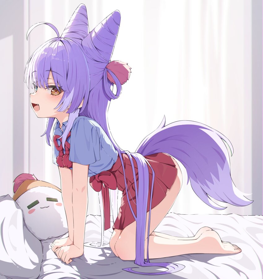 1girl :d absurdres ahoge all_fours ass barefoot bed blue_eyes bow cone_hair_bun fox_girl fox_tail from_side grey_hair hair_bun hair_ornament hair_rings heterochromia high-waist_skirt highres long_hair looking_at_viewer mannack miniskirt multicolored_hair on_bed open_mouth pleated_skirt pom_pom_(clothes) pom_pom_hair_ornament purple_hair red_bow red_skirt shirt short_sleeves skirt smile solo stellive tail tenko_shibuki two-tone_hair very_long_hair virtual_youtuber white_shirt