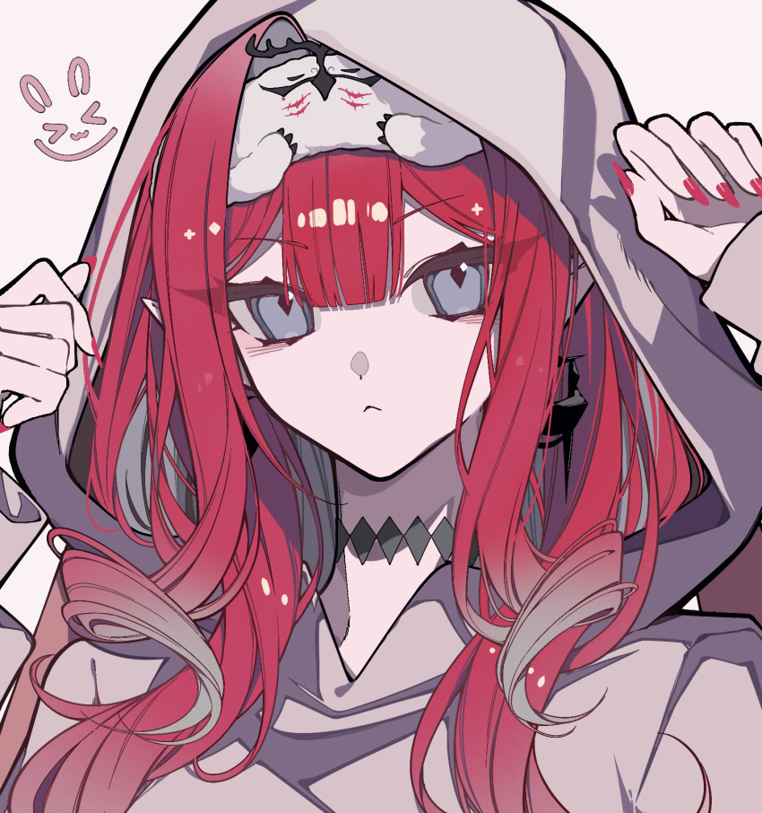 1girl baobhan_sith_(fate) cernunnos_(fate) earrings fate/grand_order fate_(series) grey_eyes hana_soretsu hands_up highres hood hoodie jewelry long_hair looking_at_viewer pink_hair pointy_ears red_nails sidelocks solo upper_body white_background white_hoodie