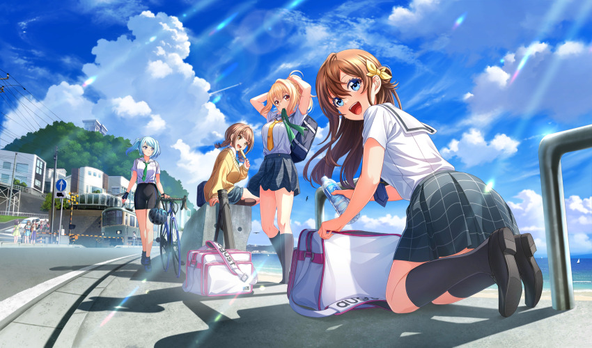 adjusting_hair arihara_tsubasa asymmetrical_bangs bag bicycle bike_shorts black_bow black_footwear black_gloves black_shorts black_socks blonde_hair blue_eyes blue_hair blue_necktie bottle bow braid brown_eyes brown_hair cardigan cinderella_series cloud contrail cumulonimbus_cloud fingerless_gloves food game_cg gloves green_bow green_necktie grey_skirt hachigatsu_no_cinderella_nine hair_between_eyes hair_bow helmet high_ponytail highres holding holding_bottle holding_food joujima_momo kneeling light_blue_hair light_rays loafers long_hair looking_at_viewer low_twin_braids mizuhara_asumi mouth_hold multiple_girls necktie non-web_source official_art open_mouth outdoors plaid_clothes plaid_skirt plastic_bottle pleated_skirt power_lines railroad_crossing road road_sign sailor_collar school_bag school_uniform serafuku shirt shoes short_sleeves shorts shoulder_bag sign sitting skirt sky smile socks standing summer sunbeam sunlight takanashi_yuzu teeth train twin_braids twintails upper_teeth_only white_bag white_sailor_collar white_shirt yellow_bow yellow_cardigan yellow_necktie