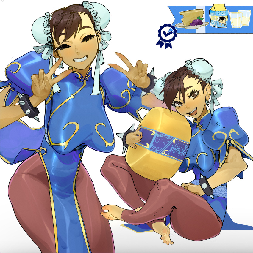 1girl absurdres barefoot breasts brendon_paes brown_eyes brown_hair capcom cheese cheese_wheel chun-li double_v feet food highres leggings legs smile stirrup_legwear street_fighter toeless_legwear v