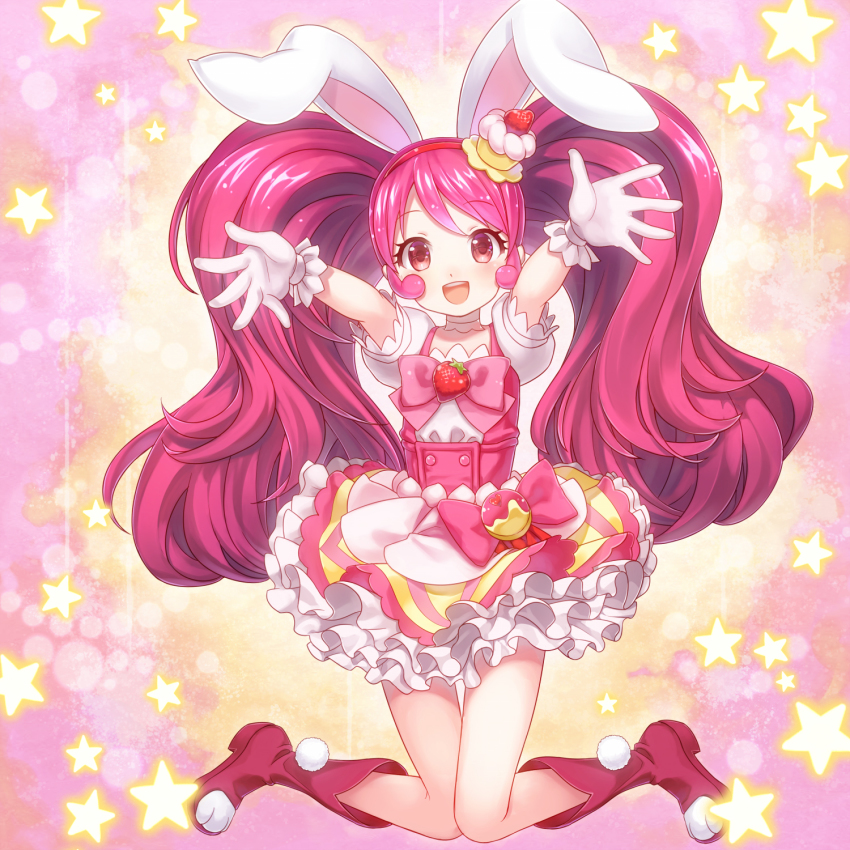 10s 1girl animal_ears buntan cure_whip female_focus food food-themed_hair_ornament fruit hair_ornament highres kirakira_precure_a_la_mode pink_background precure rabbit_ears solo strawberry usami_ichika