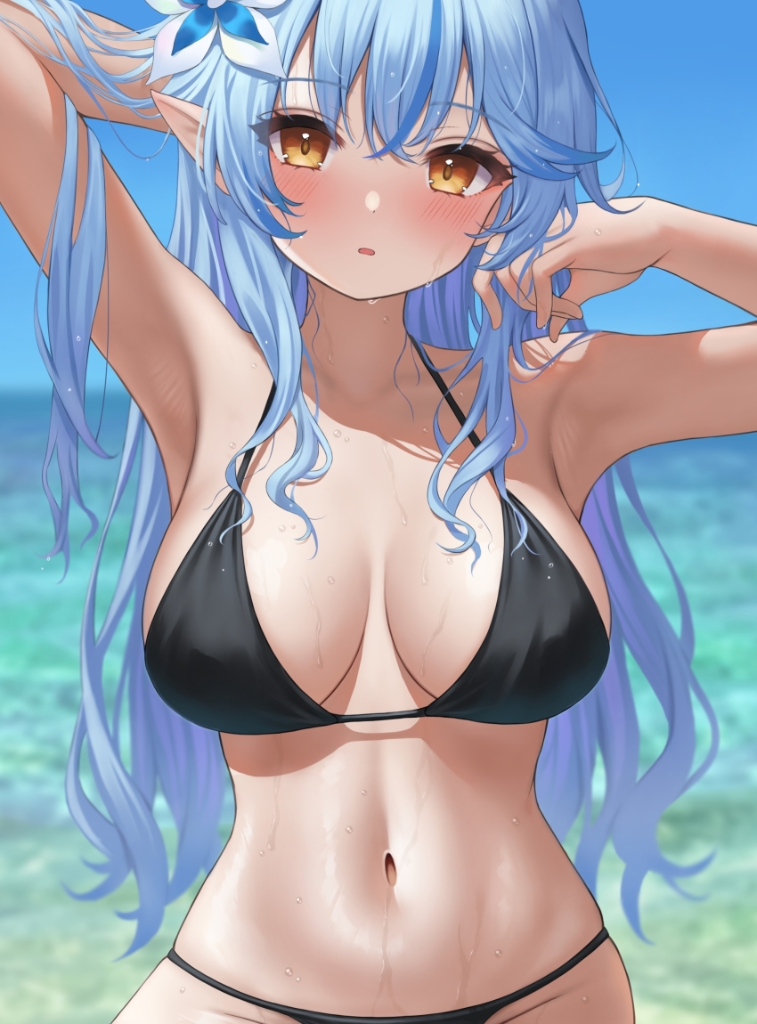 1girl absurdres bikini black_bikini blue_hair blue_sky blush breasts ebihurai flower hair_flower hair_ornament highres hololive large_breasts long_hair looking_at_viewer multicolored_hair navel ocean outdoors pointy_ears sky solo swimsuit two-tone_hair virtual_youtuber wet yellow_eyes yukihana_lamy