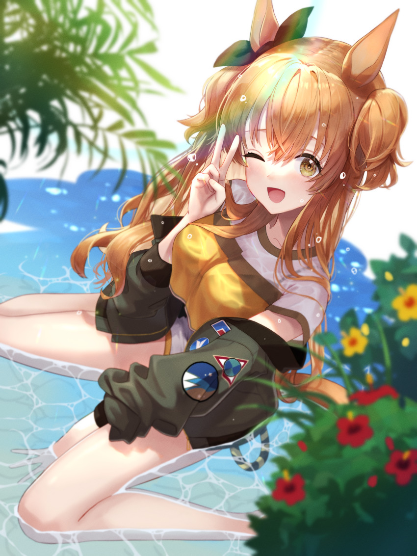 1girl absurdres achiko_(tamara) animal_ears bra_visible_through_clothes breasts bush caustics crop_top crop_top_overhang green_jacket hand_up highres horse_ears horse_girl horse_tail jacket long_hair looking_at_viewer mayano_top_gun_(umamusume) medium_breasts off_shoulder open_clothes open_jacket open_mouth orange_eyes partially_submerged short_sleeves shorts sitting smile solo tail two_side_up umamusume v wariza water wet wet_clothes wet_hair white_shorts yellow_eyes