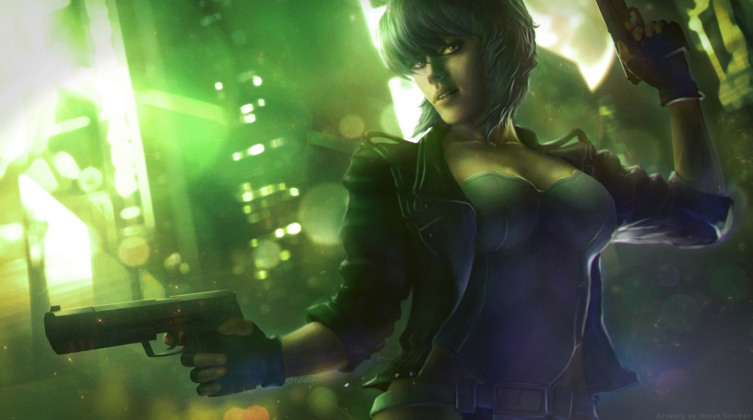 1girl black_jacket dual_wielding ghost_in_the_shell gun handgun highres holding holding_gun holding_weapon jacket kusanagi_motoko leotard looking_at_viewer open_clothes open_jacket straban strapless strapless_leotard weapon