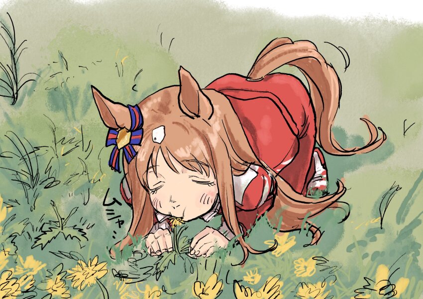 1girl all_fours animal_ears brown_hair closed_eyes closed_mouth dandelion e-ncyo ear_ornament eating flower grass grass_wonder_(umamusume) gym_uniform highres horse_ears horse_girl horse_tail jacket long_hair long_sleeves outdoors pants red_jacket red_pants solo tail track_jacket umamusume