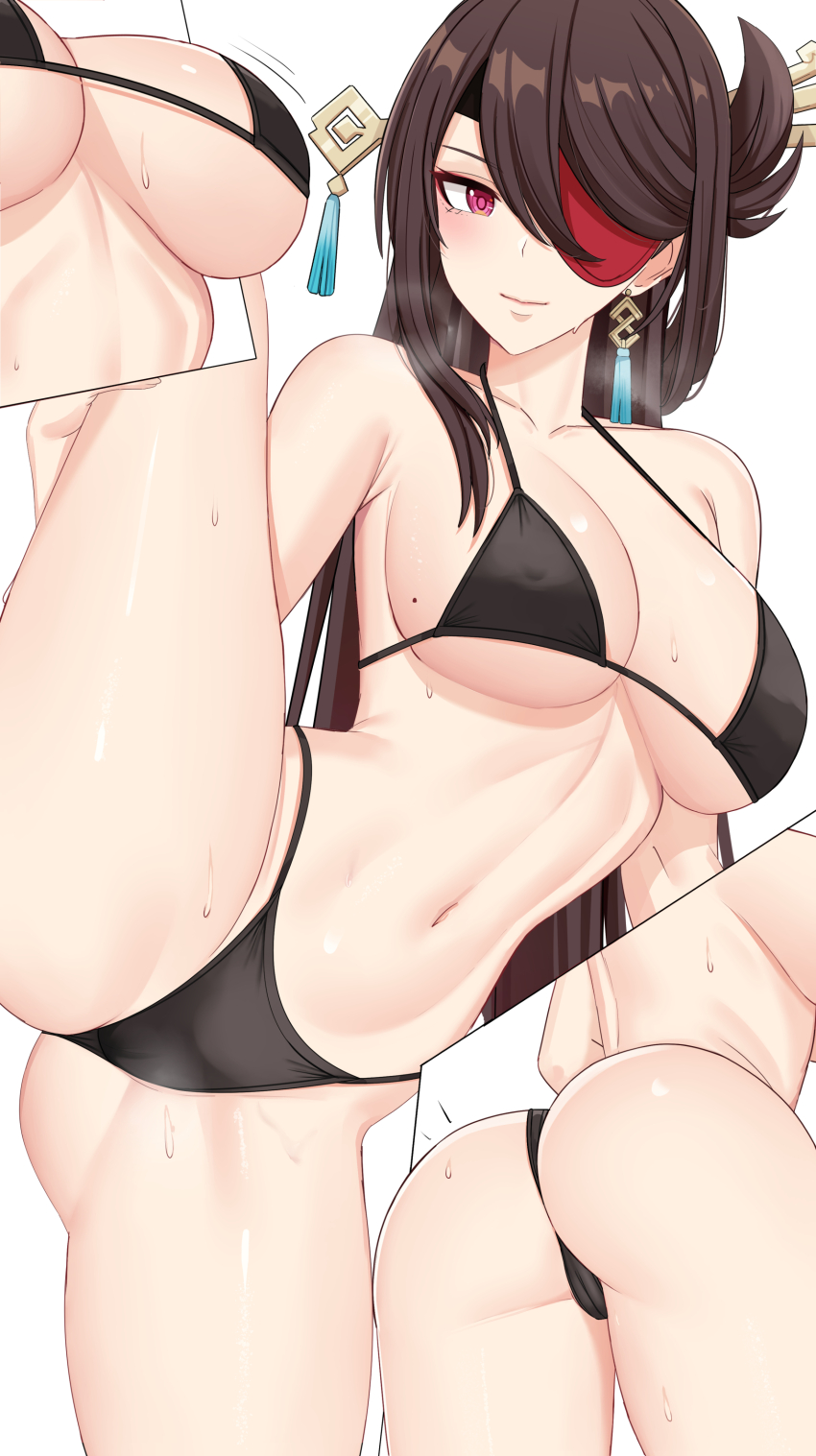 1girl absurdres beidou_(genshin_impact) bikini black_bikini black_hair blush breasts cameltoe closed_mouth collarbone commentary earrings eyepatch genshin_impact hair_ornament highres jewelry large_breasts leg_lift long_hair looking_at_viewer navel noise_paper one_eye_covered red_eyes simple_background smile stomach swimsuit thighs underboob white_background