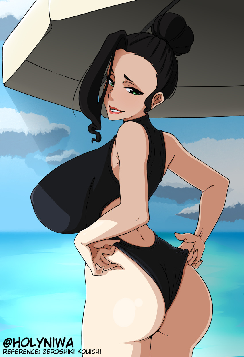 1girl absurdres adjusting_clothes adjusting_swimsuit ass black-framed_eyewear black_hair breasts from_behind green_eyes hair_bun highres holyniwa huge_breasts looking_at_viewer mature_female niwa_(holyniwa) one-piece_swimsuit photo-referenced semi-rimless_eyewear single_bang single_hair_bun swimsuit under-rim_eyewear virtual_youtuber wedgie