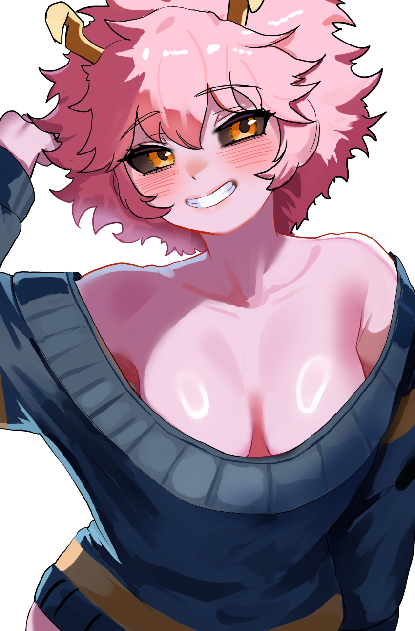 1girl absurdres ashido_mina black_sclera blue_sweater boku_no_hero_academia breasts breasts_apart colored_sclera colored_skin dress grin highres horns light_blush medium_breasts medium_hair orange_eyes pink_hair pink_skin simple_background smile solo sweater sweater_dress teeth white_background yellow_horns zd_(pixiv6210083)