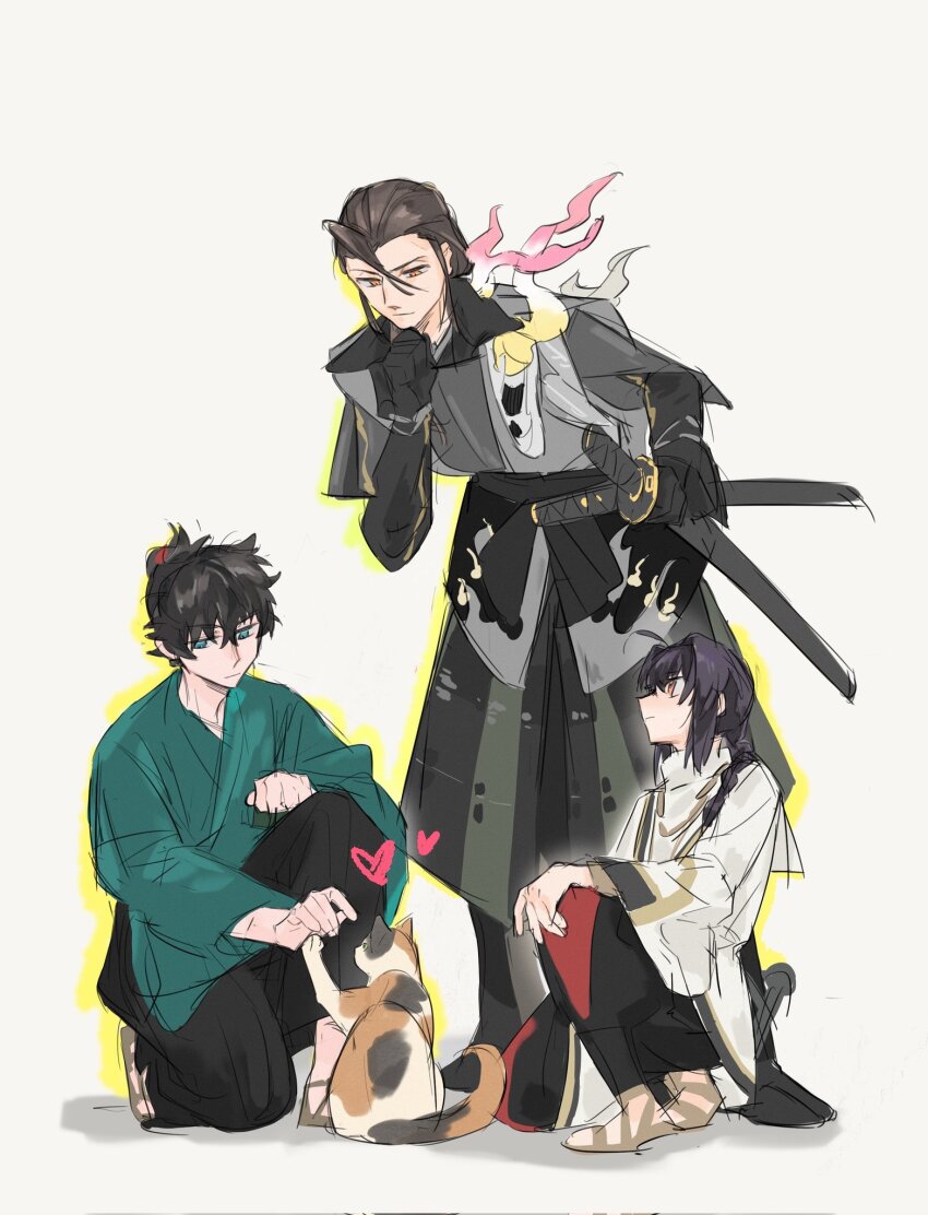 1other 2boys ahoge androgynous animal black_hair blue_eyes blue_kimono braid braided_ponytail brown_hair cat coral12131 fate/samurai_remnant fate_(series) full_body grey_background grey_kimono hair_intakes hakama haori highres japanese_clothes katana kimono leaning_forward long_hair miyamoto_iori_(fate) multiple_boys on_one_knee orange_eyes sidelocks simple_background single_braid sword topknot weapon yagyuu_munenori_(fate) yamato_takeru_(fate)