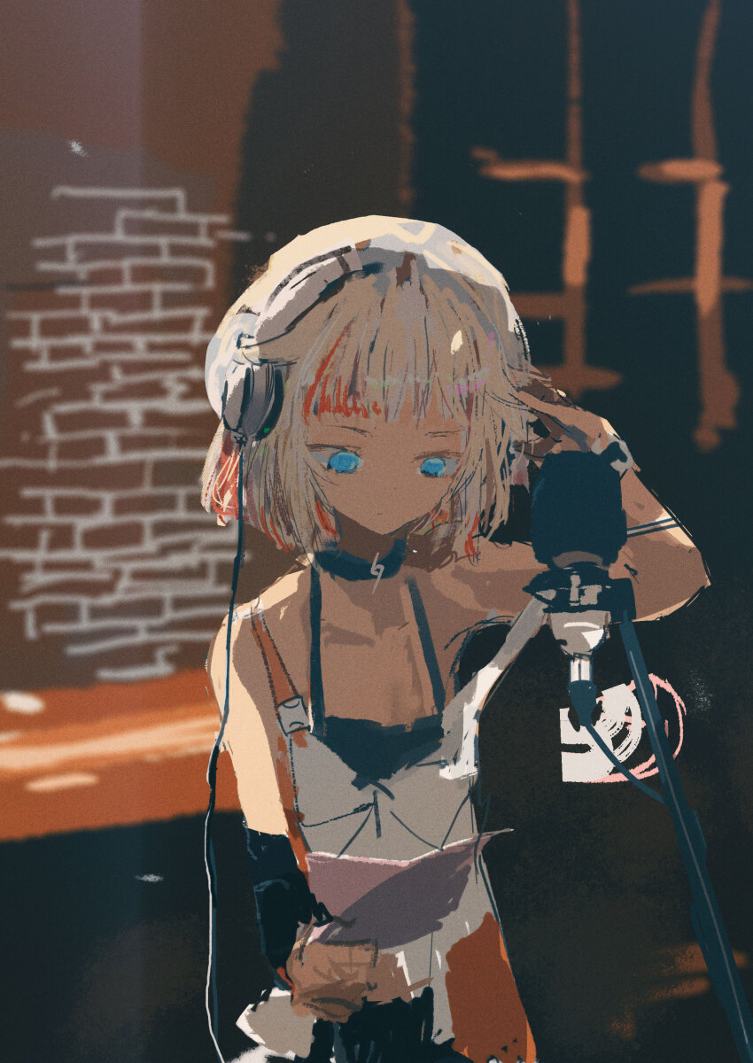 1girl absurdres black_camisole black_collar blonde_hair blue_eyes blunt_bangs blurry blurry_background bracelet brick_wall camisole cevio closed_mouth collar commentary detached_sleeves expressionless film_grain hair_flaps hand_on_headphones hand_up highres holding jewelry kabuyama_kaigi looking_down microphone multicolored_hair one_(cevio) orange_hair reading recording_studio script short_hair single_detached_sleeve solo standing strap_slip streaked_hair studio_microphone upper_body white_camisole