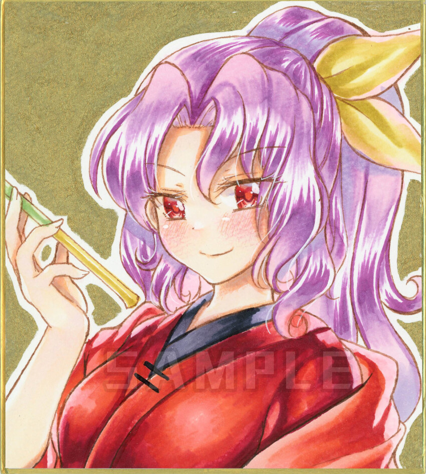 1girl blush brown_background closed_mouth commentary_request hair_ribbon highres komakusa_sannyo long_hair looking_at_viewer nekofish666 ponytail purple_hair red_eyes ribbon sample_watermark simple_background smile smoking_pipe solo touhou traditional_media upper_body watermark yellow_ribbon