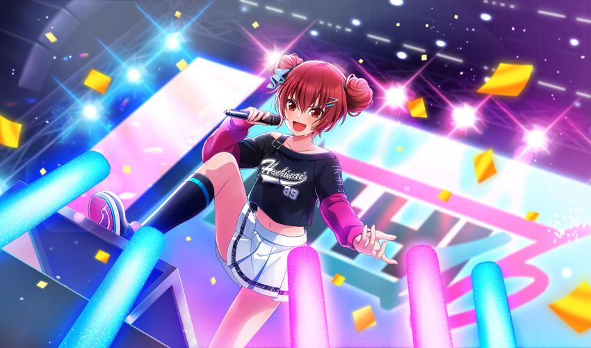 1girl :d agatsuma_sora black_socks cinderella_series colored_lights concert confetti double_bun dutch_angle feet_out_of_frame game_cg glowstick hachigatsu_no_cinderella_nine hair_bun hair_ornament hairclip highres holding holding_microphone long_sleeves microphone music navel non-web_source official_alternate_hairstyle official_art open_mouth pleated_skirt red_eyes red_hair shoes singing skirt smile sneakers socks solo stage stage_lights sweat two-tone_shirt v-shaped_eyebrows white_skirt