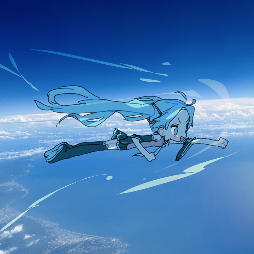 1girl :d above_clouds ahoge ao_6336 black_footwear black_skirt black_sleeves blue_eyes blue_hair blue_necktie blue_sky boots cloud cloudy_sky commentary day detached_sleeves floating_hair flying from_side full_body hatsune_miku highres long_sleeves looking_ahead necktie ocean open_mouth outdoors outstretched_arm photo_background profile skirt sky smile solo thigh_boots twintails v-shaped_eyebrows vocaloid